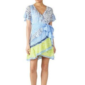 Tanya Taylor Bianka Silk Wrap Dress in Leopard Zebra Light Blue